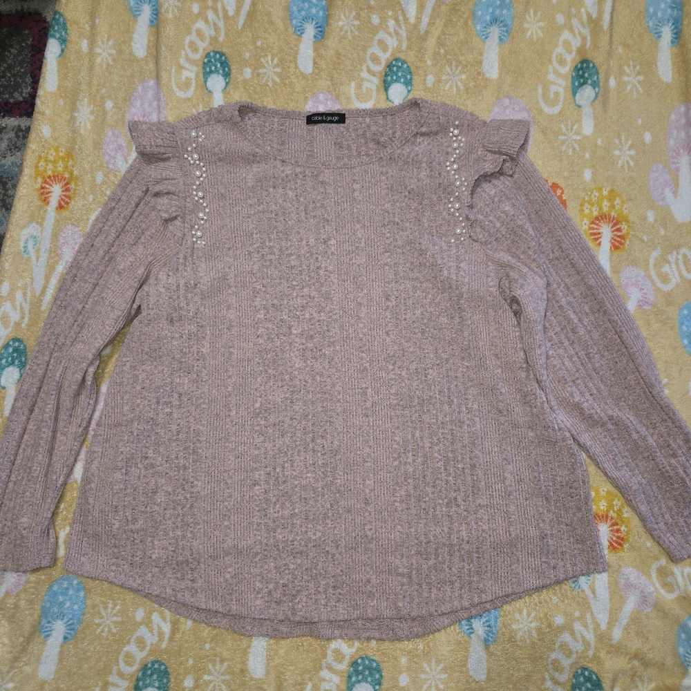 Cable & Gauge Mauve Sweater with Ruffle and Pearl Accents